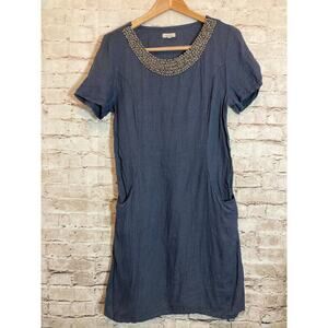 Lina Tomei Dress Womens Medium Linen Made In Italy‎ Beaded Pockets Flowy Navy